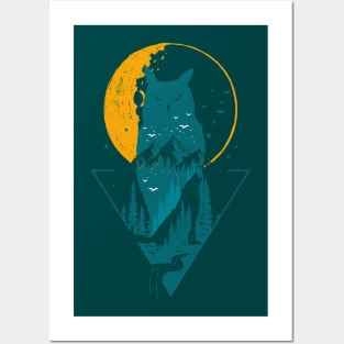 Classy and Minimalist Double Exposure WOLF and OWL Teal and Orange Moon Night Pine Trees Forest Illustration Posters and Art